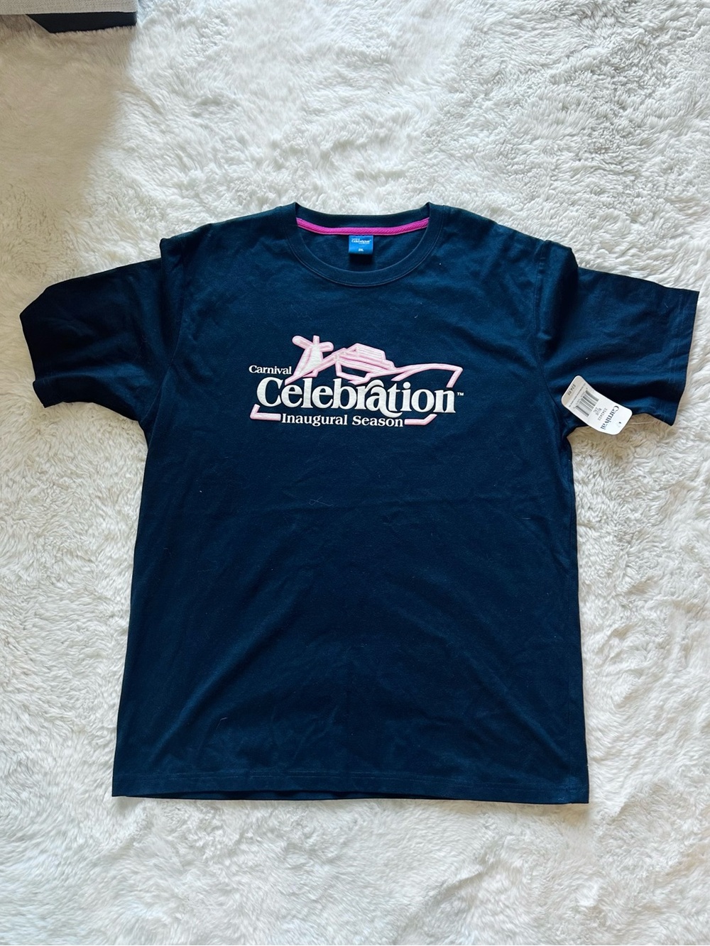 Carnival Celebration Short-Sleeve Navy Tee with Pink Logo